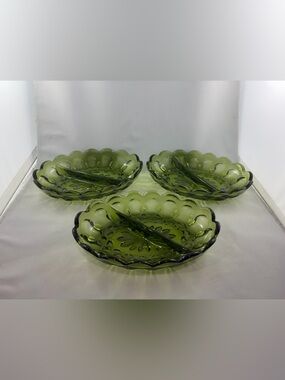 Vintage Indiana Glass Lilly Pons Avocado Green Divided Relish Dishes - Set of 3